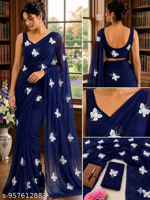 SM Women Georgette Embroidered Saree with Running Blouse
