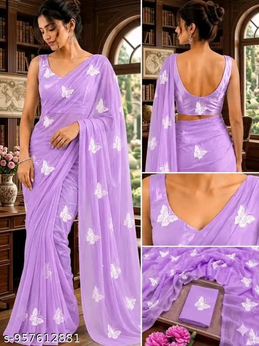 SM Women Georgette Embroidered Saree with Running Blouse