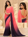 SM Women Georgette Color blocked Saree with Solid Blouse