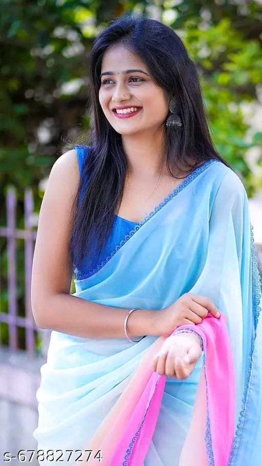 SM Women Georgette Color blocked Saree with Solid Blouse