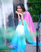 SM Women Georgette Color blocked Saree with Solid Blouse