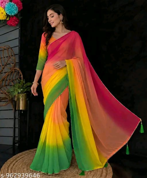 SM Women Poly Georgette Saree with Running Blouse