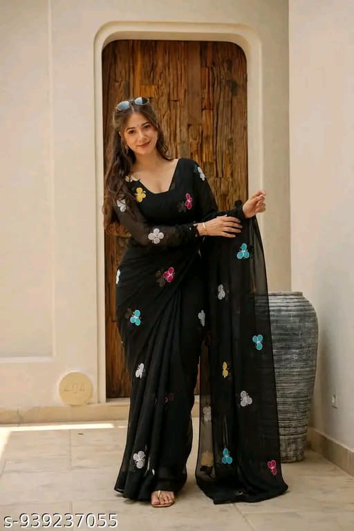 SM Women Georgette Embroidered Saree with Running Blouse
