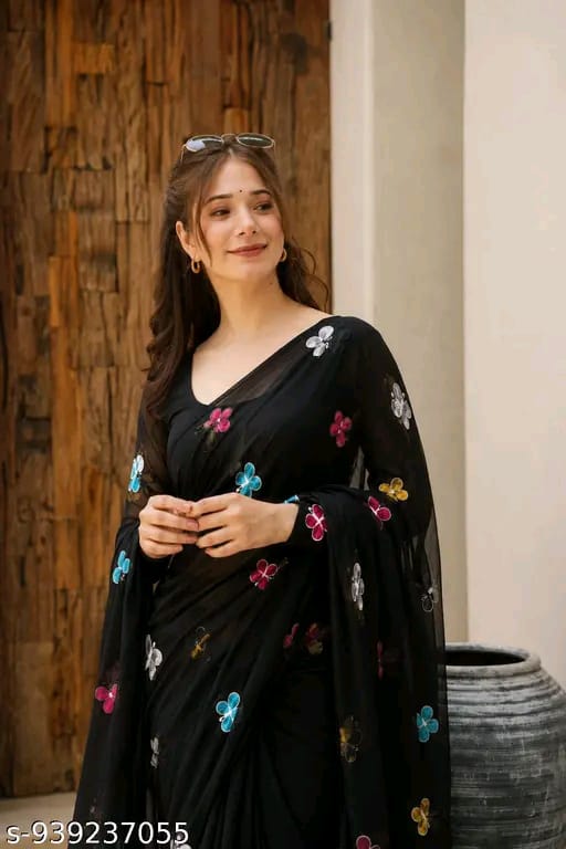 SM Women Georgette Embroidered Saree with Running Blouse