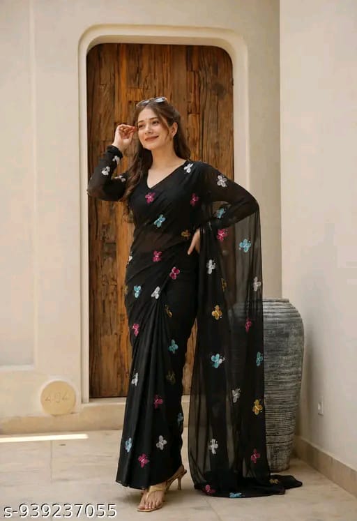 SM Women Georgette Embroidered Saree with Running Blouse