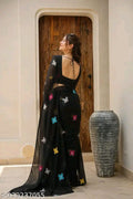 SM Women Georgette Embroidered Saree with Running Blouse