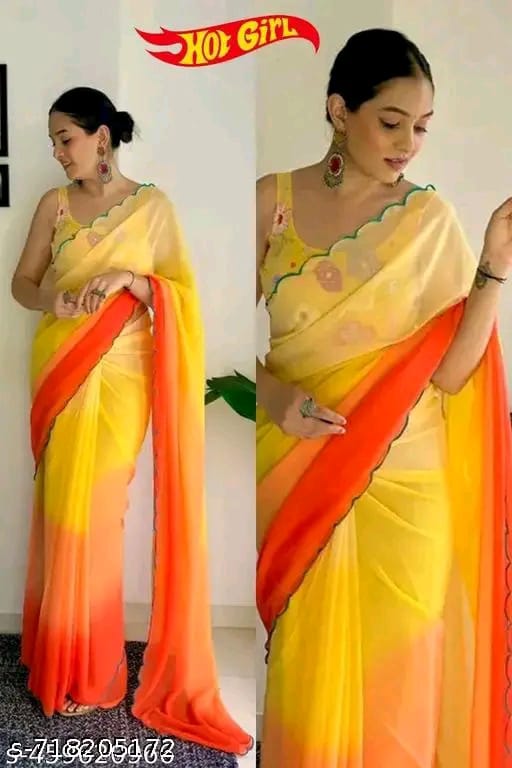 SM Women Georgette Solid Saree with Embroidered Blouse