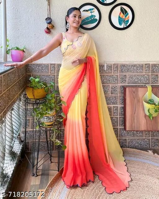 SM Women Georgette Solid Saree with Embroidered Blouse