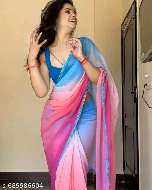 SM Women Georgette Solid Saree with Art Silk Blouse