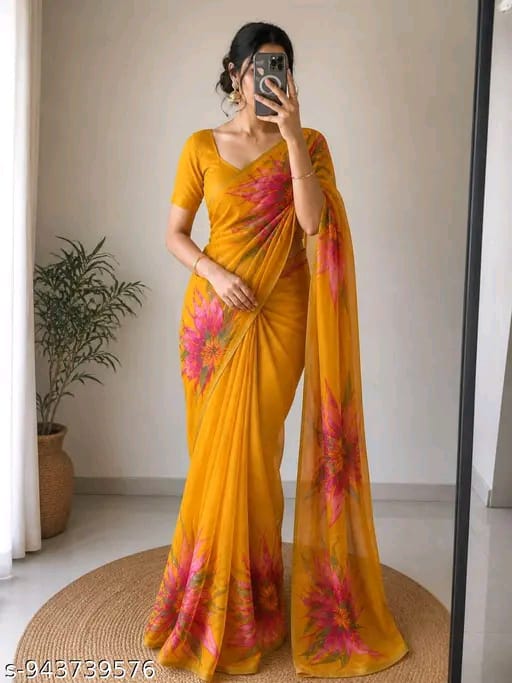 SM Women Georgette Digital Print Saree with Solid Blouse
