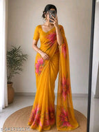 SM Women Georgette Digital Print Saree with Solid Blouse