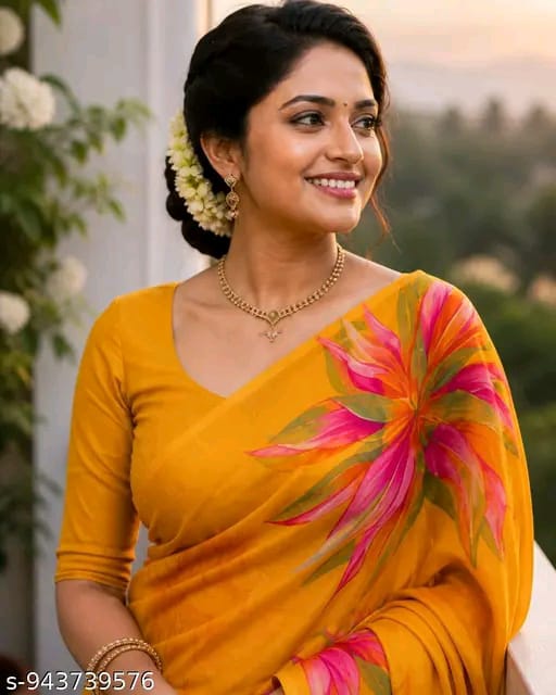 SM Women Georgette Digital Print Saree with Solid Blouse