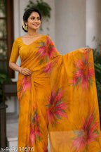 SM Women Georgette Digital Print Saree with Solid Blouse