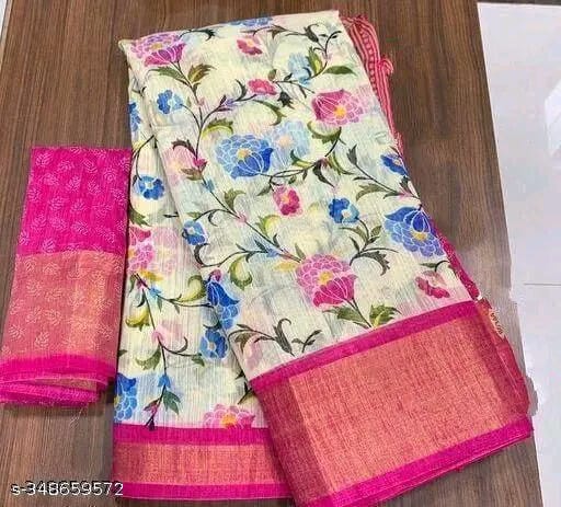 SM Women Cotton Printed Saree with Running Blouse
