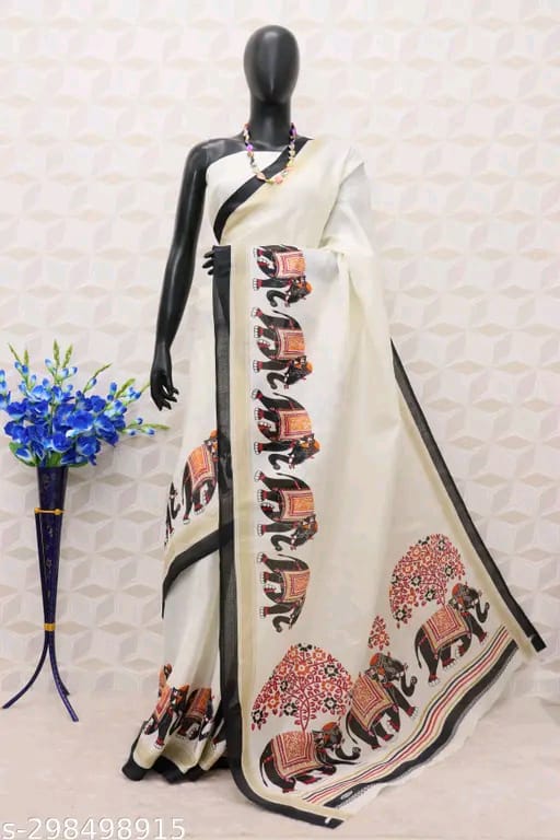 SM Women Khadi Silk Printed Saree with Running Blouse