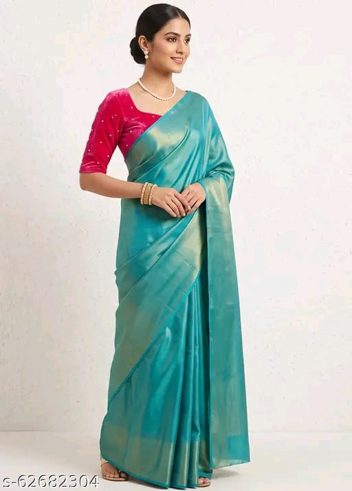 SM Women Cotton Silk Solid Saree with Embellished Blouse