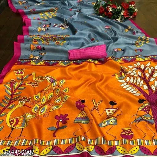 SM Women Khadi Silk Printed Saree with Blouse