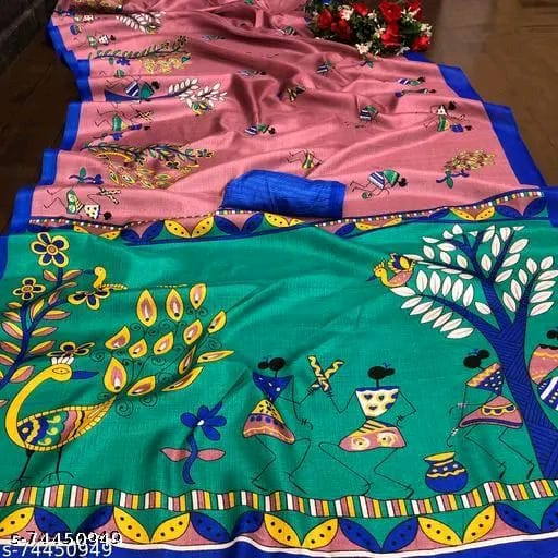 SM Women Khadi Silk Printed Saree with Blouse