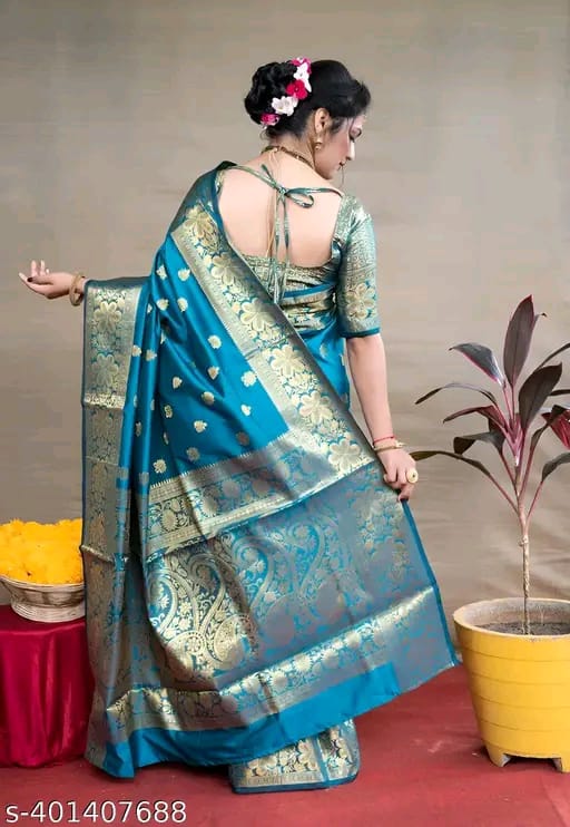 SM Women Banarasi Silk Woven Design Saree with Running Blouse