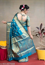 SM Women Banarasi Silk Woven Design Saree with Running Blouse