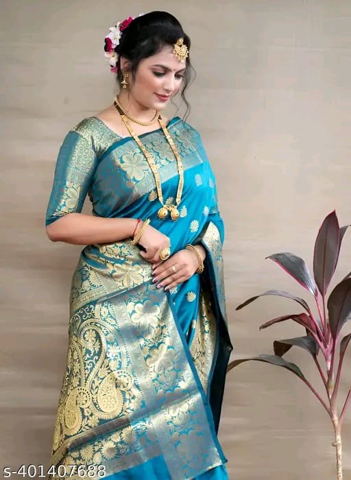 SM Women Banarasi Silk Woven Design Saree with Running Blouse