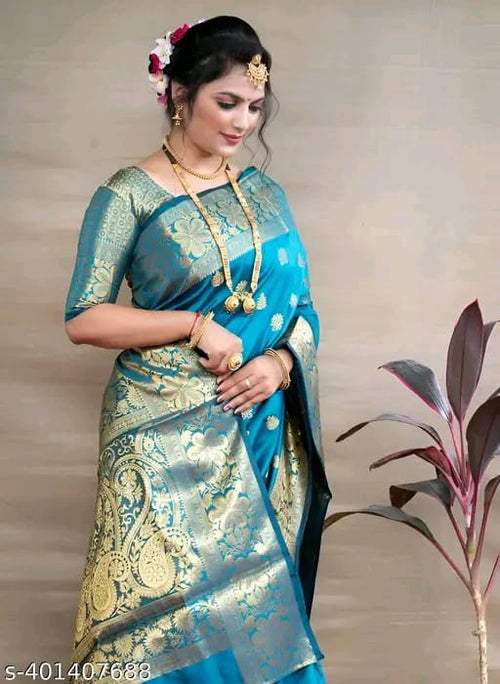 SM Women Banarasi Silk Woven Design Saree with Running Blouse