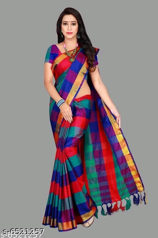 SM Women Cotton Silk Saree with Matching Blouse