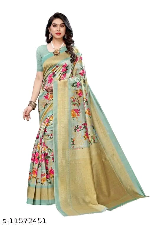 SM Women Art Silk Printed Saree with Solid Blouse