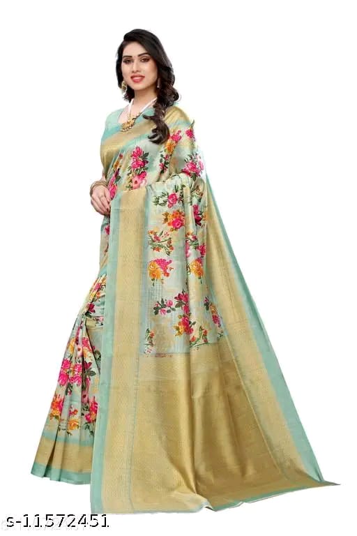 SM Women Art Silk Printed Saree with Solid Blouse