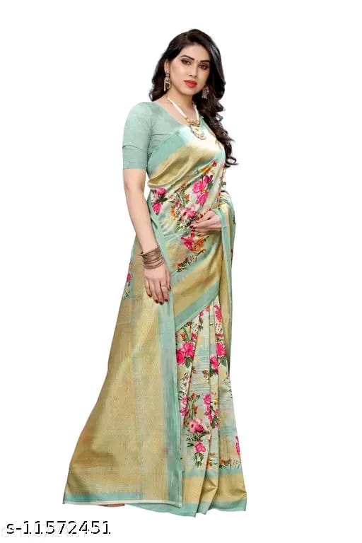 SM Women Art Silk Printed Saree with Solid Blouse