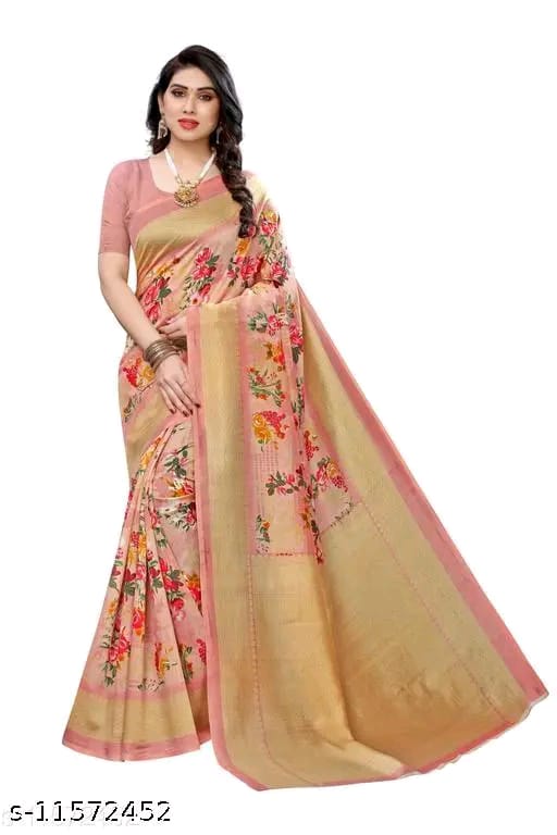SM Women Art Silk Printed Saree with Solid Blouse