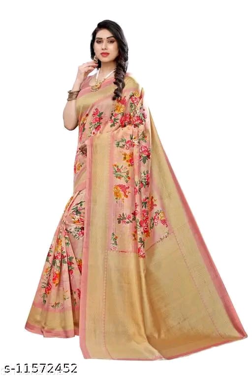 SM Women Art Silk Printed Saree with Solid Blouse