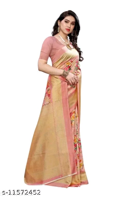 SM Women Art Silk Printed Saree with Solid Blouse