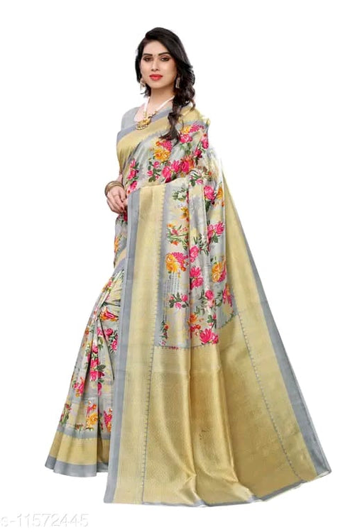 SM Women Art Silk Printed Saree with Solid Blouse