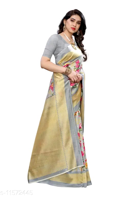SM Women Art Silk Printed Saree with Solid Blouse