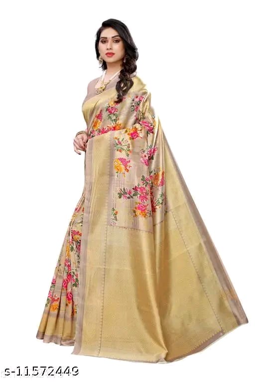 SM Women Art Silk Printed Saree with Solid Blouse