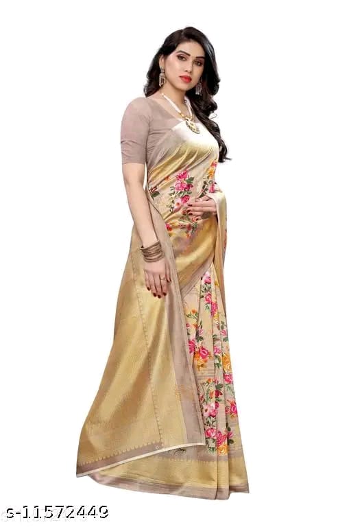 SM Women Art Silk Printed Saree with Solid Blouse