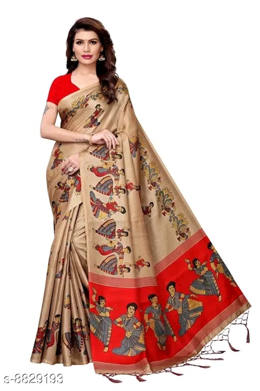 SM Women Khadi Silk Printed Saree with Solid Blouse