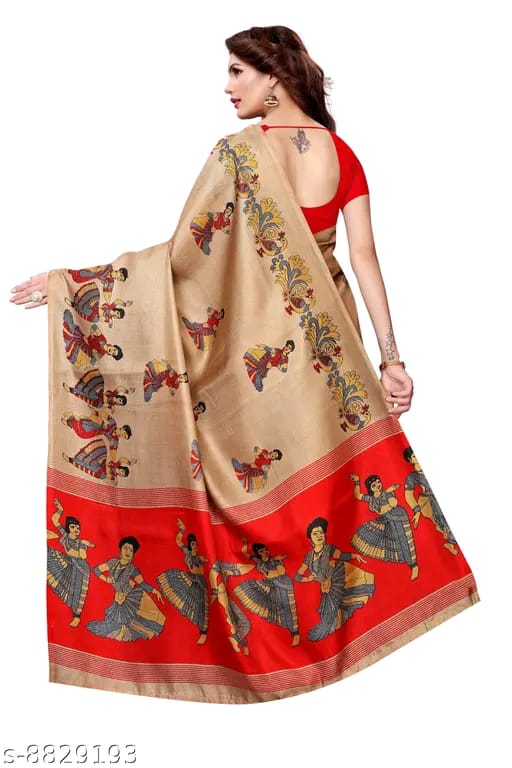 SM Women Khadi Silk Printed Saree with Solid Blouse