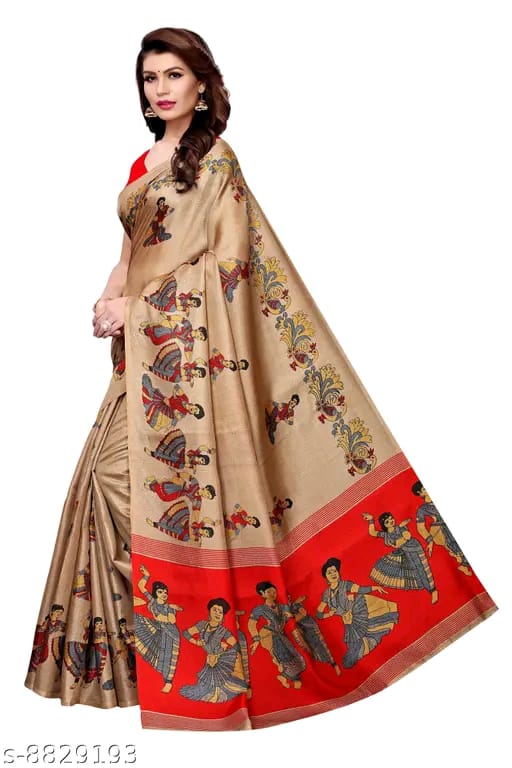 SM Women Khadi Silk Printed Saree with Solid Blouse