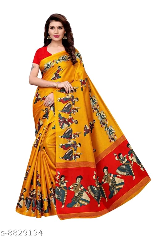 SM Women Khadi Silk Printed Saree with Solid Blouse