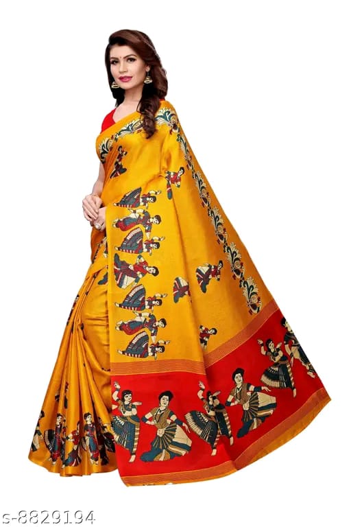SM Women Khadi Silk Printed Saree with Solid Blouse