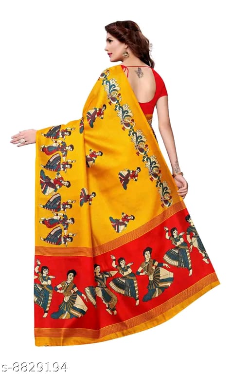 SM Women Khadi Silk Printed Saree with Solid Blouse