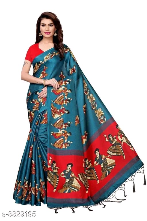 SM Women Khadi Silk Printed Saree with Solid Blouse