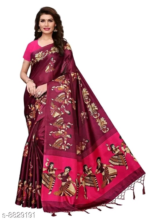 SM Women Khadi Silk Printed Saree with Solid Blouse