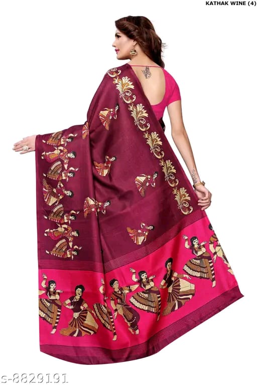 SM Women Khadi Silk Printed Saree with Solid Blouse