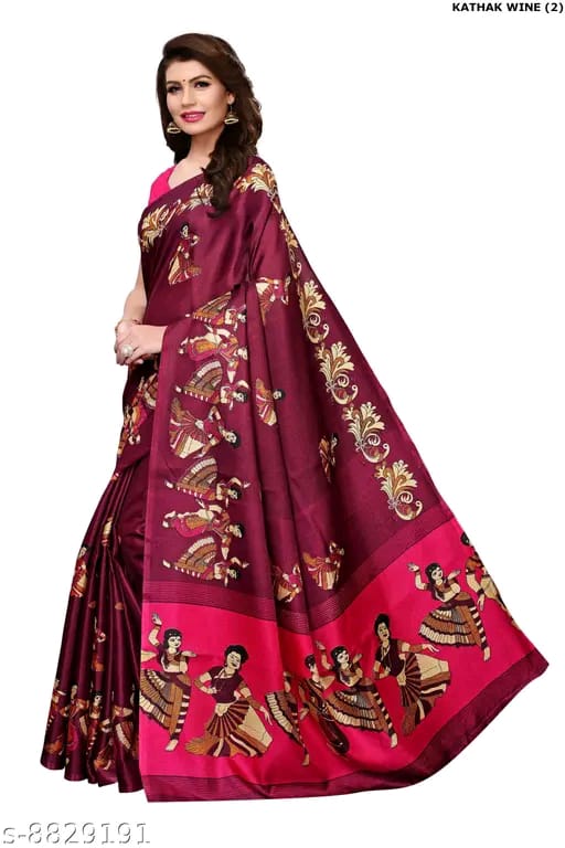 SM Women Khadi Silk Printed Saree with Solid Blouse