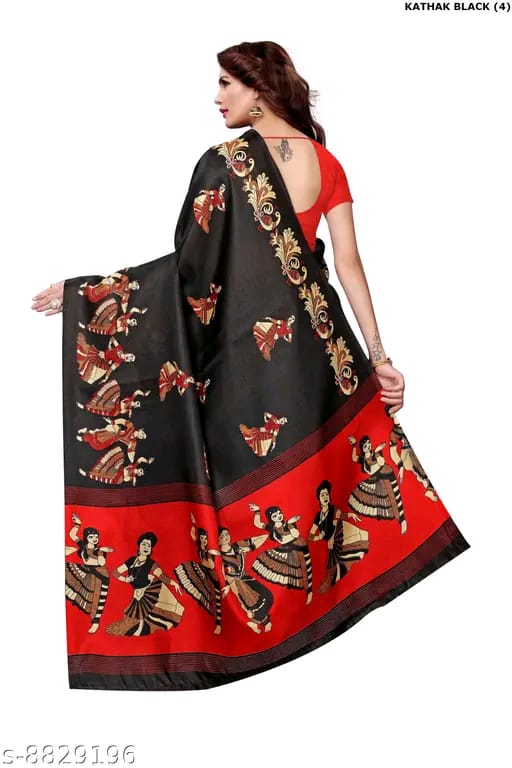 SM Women Khadi Silk Printed Saree with Solid Blouse