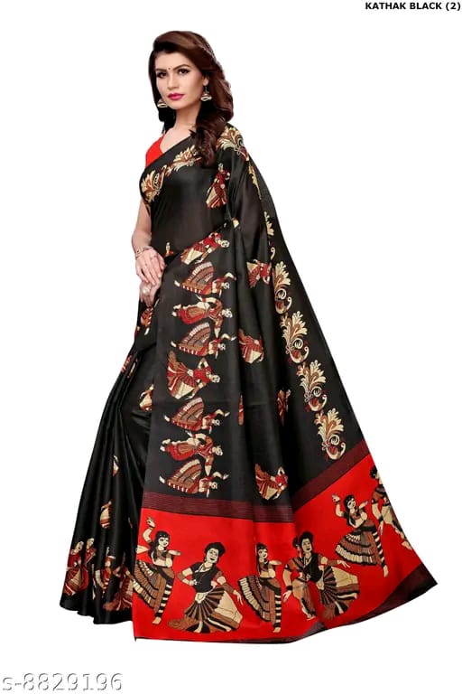 SM Women Khadi Silk Printed Saree with Solid Blouse