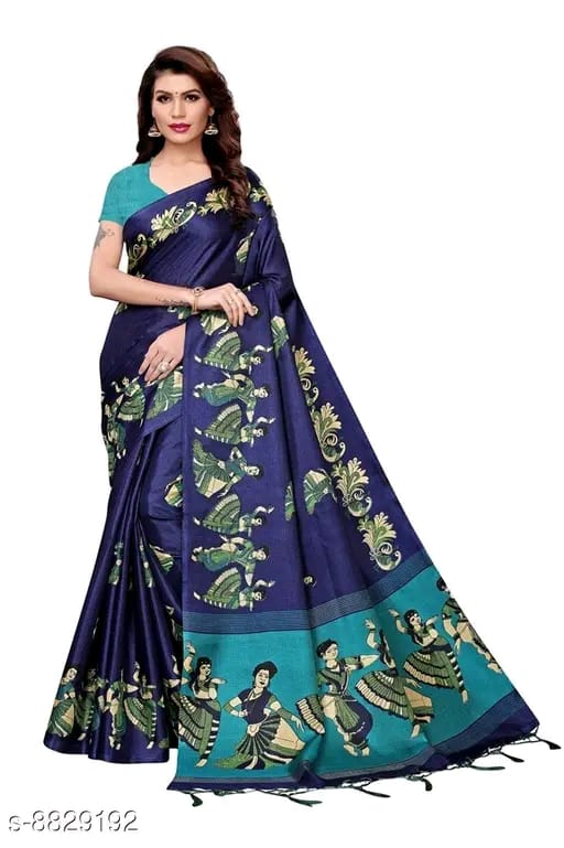 SM Women Khadi Silk Printed Saree with Solid Blouse
